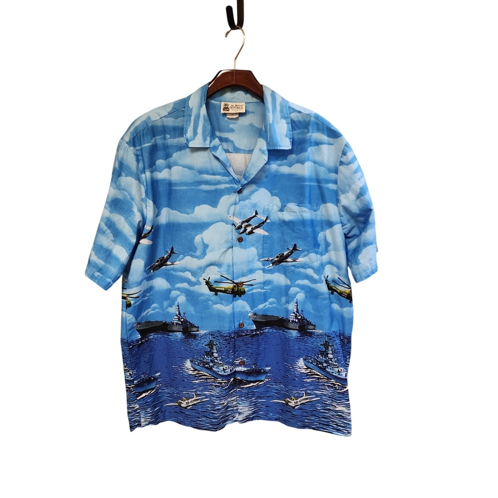 Aloha Republic Men Hawaiian Shirt L Blue Military Planes Ship Made in USA Cotton